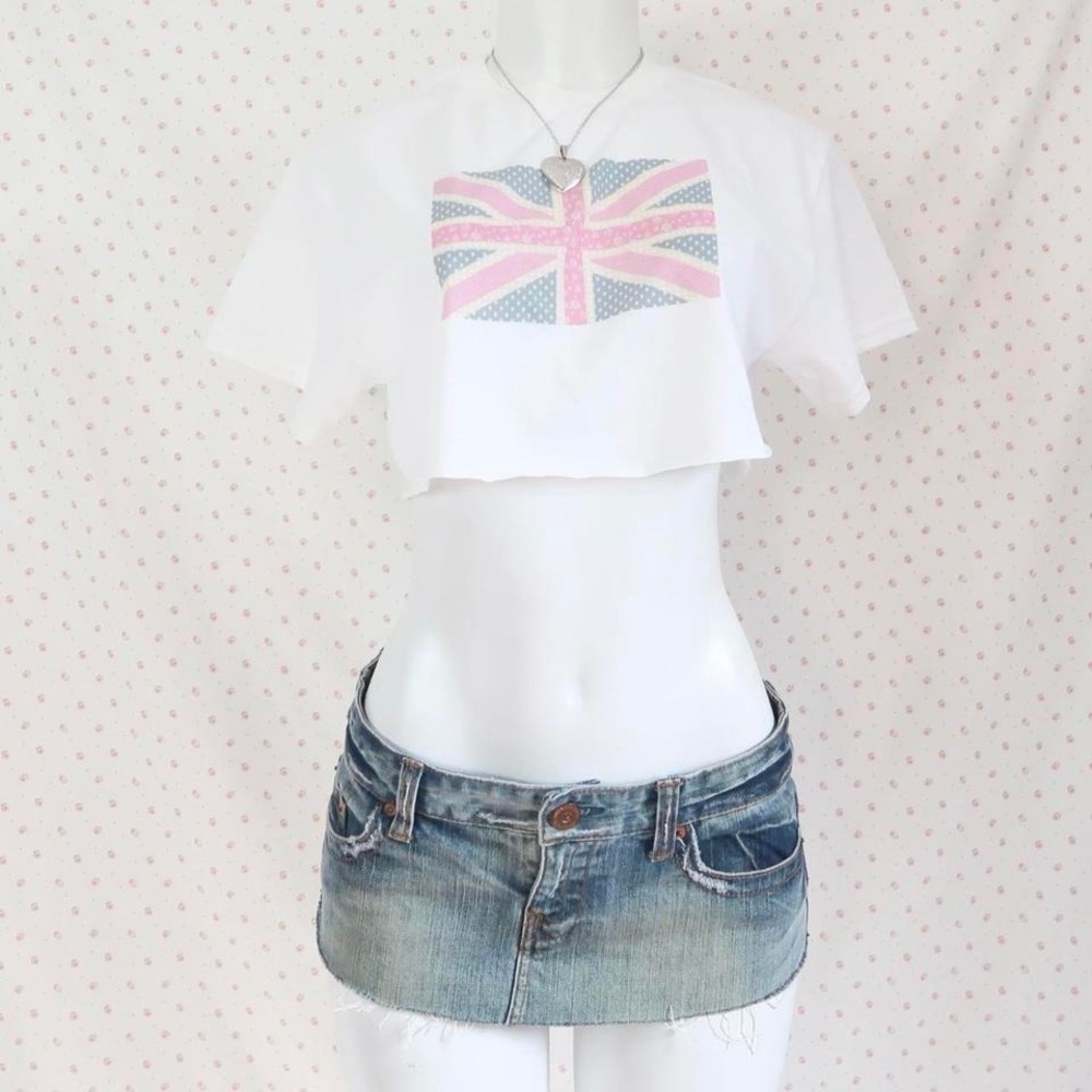 Y2K Polka Dot Union Jack Crop Top White Cropped Graphic Tee McBling